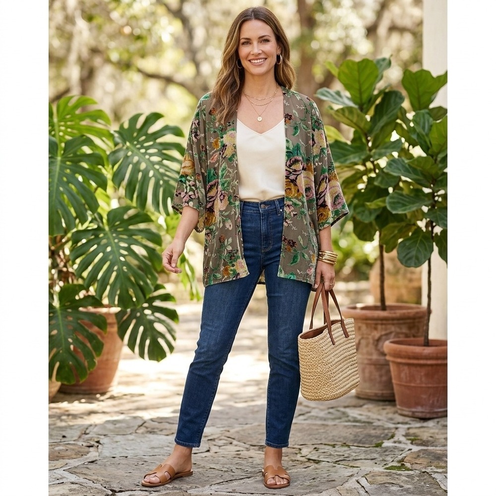 Velvet Burnout Kimono Style Top Bohemian Style Green Women's M/L‎ Open Front